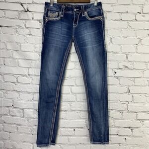 ROCK REVIVAL BETTY Easy‎ Skinny Jeans Denim and Bling Size 27 30x31 White Stitch